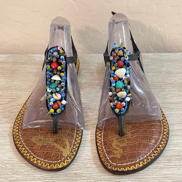New Sam Edelman Sandals 6.5 Gabrielle Black Beads Shells T Strap Thong Slingback - Picture 1 of 13